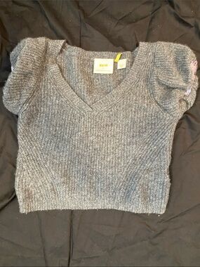 Maeve Charcoal V-Neck Puff Sleeve Knit Top
